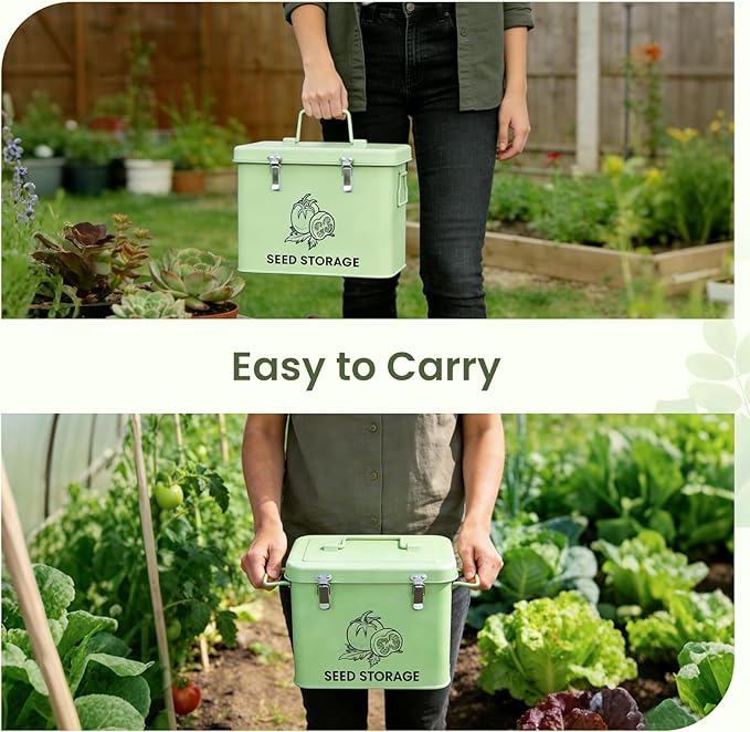 Seed Storage Organizer Box, Metal Seed Box, Garden Seed Organizer with Lid, Seed Containers Storage with 3 Compartments, 30 Seed Holder Organizers, 50pcs Seed Envelopes (Green)