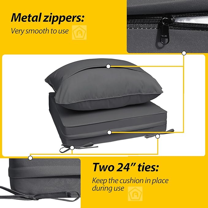 AAAAAcessories Outdoor Seat Cushions for Chairs, Fade-Resistant, Waterproof Patio Furniture Replacement Cushions, 24" x 24" x 5" + 24" x 19", Dark Gray