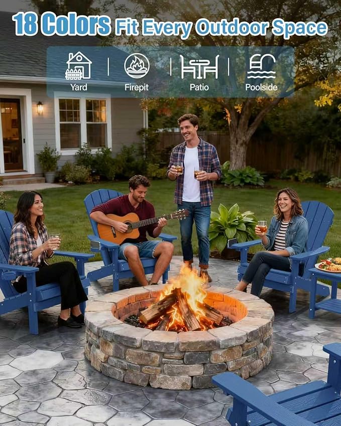 YEFU Adirondack Chair Weather Resistant: Outdoor Chair HIPS Plastic Adirondack Chairs - Patio Chairs with Wood Texture - Lawn Fire Pit Deck Porch Garden Chairs for Adults (Navy Blue)