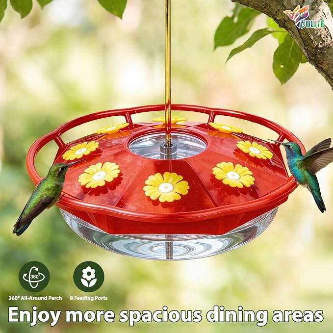 BOLITE Hummingbird Feeders for Outdoors Hanging, 11 OZ 8 Bee Proof Feeding Ports Flat Bird Feeder, Easy to Clean & Fill, Built-in Ant Moat, Leak Proof with Cleaning Brush, Red, Gift for Bird Lovers