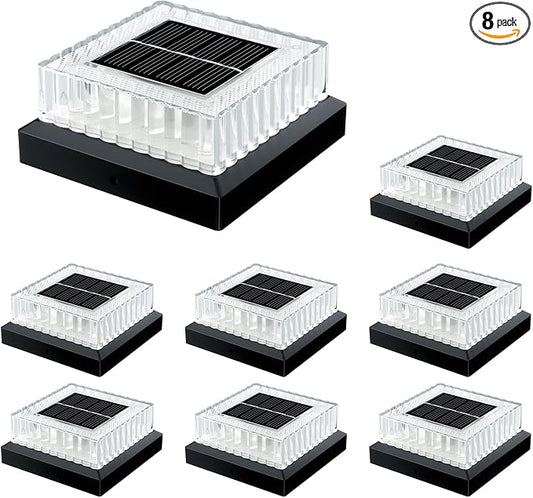 4x4 Solar Post Cap Lights: 8 Pack Fence Post Lights Outdoor 3000K with Clear Lampshade, IP65 Waterproof 10-12H Lasting and Easy Install for Backyard Deck Patio
