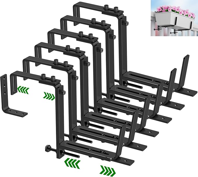HFHOME 6PCS Adjustable Planter Box Brackets, Brackets for Window Boxes Planters Hanging Flower Box Holders, Wall Mount Holder for Windowsills, Garden, Fences, and Balcony - Black (Patent Registered)