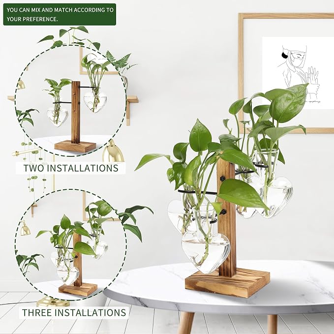 Plant Terrarium Propagation Stations with Wooden Stand | Glass Vase for Indoor Hydroponics Home Garden Office Decoration Gift for Women - 4 Love Bulb Vase