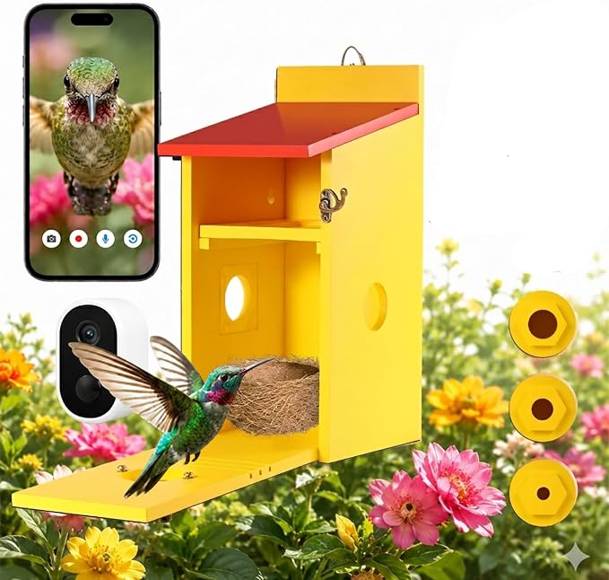 Smart Birdhouse with Camera for Backyard Bird Watching, Wooden Outdoor Nesting Box with App Live View, Motion Detection, Color Night Vision & Two-Way Audio