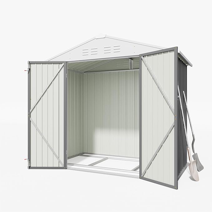 Greesum 6x4FT Outdoor Storage Shed with Base, Utility Tool Shed with Sloping Roof, Metal Storaged Garden Shed with Door & Lock for Patio Storage, Gray