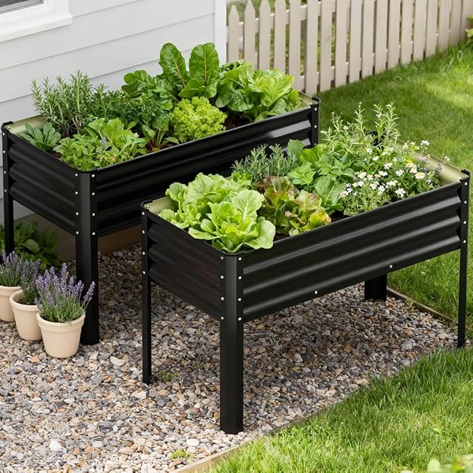 COMHOMA 2 Pack Raised Garden Bed with Legs 4x2x2.5ft,Large Elevated Galvanized Metal Planter Box with Drainage Holes,Outdoor Growing Kit with Gloves Tools for Backyard Patio Lawn,Black