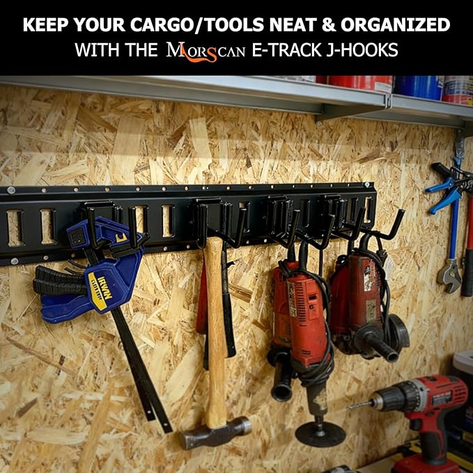 4-Pack 2"x2" Heavy-Duty E-Track Double Fitting J Hooks with Extra Rubberized Dip-Coating - Stable Organizers for Trailers, Trucks & Garden Tools