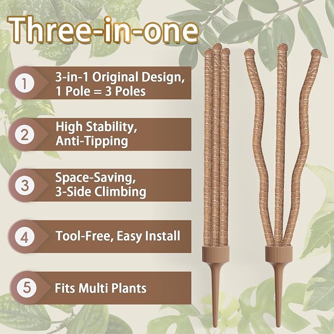 3 Moss Poles in 1, Bendable Monstera Plant Support, 30IN Tall Plant Stakes for Indoor Plants, Coir Pole Plant Support for Climbing Plants, Pothos, Philodendron-2 Pack