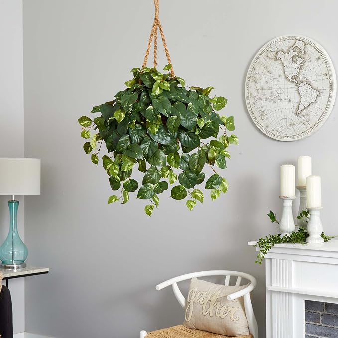 Nearly Natural Pothos Hanging Basket Silk Plant, 29" x 10.25" x 10.25"