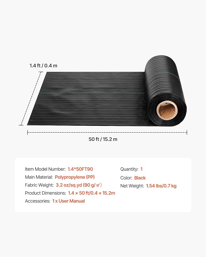 VEVOR 1.4x50FT 3.2oz Weed Barrier Fabric Heavy Duty, Landscape Fabric, Woven Weed Blocker Fabric, Garden Weed Fabric, Weed Control Fabric Ground Cover, Landscaping Cloth, Gardening Weed Mat, Black