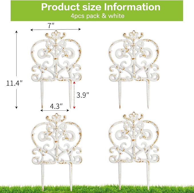 Sungmor Decorative Cast Iron Garden Edging, 4 Pack Rustic White Victorian Garden Edging Landscape Border, Vintage Metal Yard Stake Low Picket Fence, 11.8" Tall Outdoor Flower Bed Lawn Fence Panels