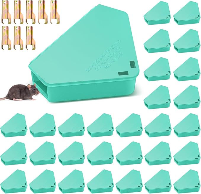 Qualirey 36 Pcs Mice Station with Key Triangle Mouse Station Lockable Reusable Bait Box, Enclosed Design for Indoor and Outdoor Use, Suitable for Small Mice (Blue)