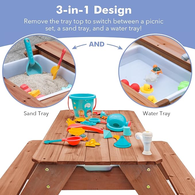Kids 3-in-1 Sand & Water Table, Wood Outdoor Convertible Picnic Table w/Umbrella, 2 Trays, Removable Top with Faucet, Picnic Table for Outdoor Playset (Brown/Brown)