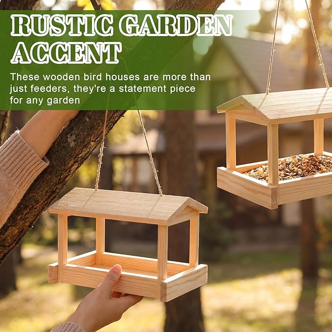 2 Pcs Wooden Bird Feeder for Outdoor Hanging, Platform Bird House, Rustic Garden Yard Decorations for Wild Birds, Cardinals, Finches, Bluebirds, Include Sloped Roof and Sturdy Rope