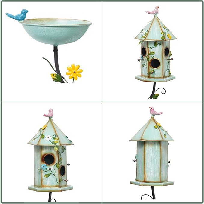 HLQMFHT 56" H Bird Baths and Bird Houses with Pole,Metal Bird Bath Bowl,birdhouses for Outdoors,Bird Bath with Stake,Garden Yard Decor