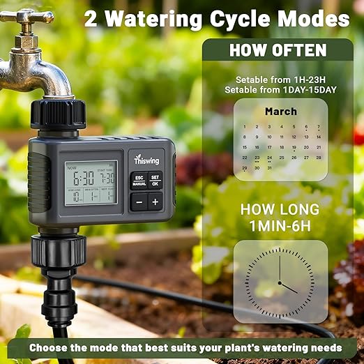 Thiswing 360° Adjustable Drip Irrigation System - 50 FT Automatic Garden Watering System with 16 Nozzles & Water Timer, Raised Bed Sprinkler System, Garden Mister for Yard, Lawn, Plants, 5/16" Tubing
