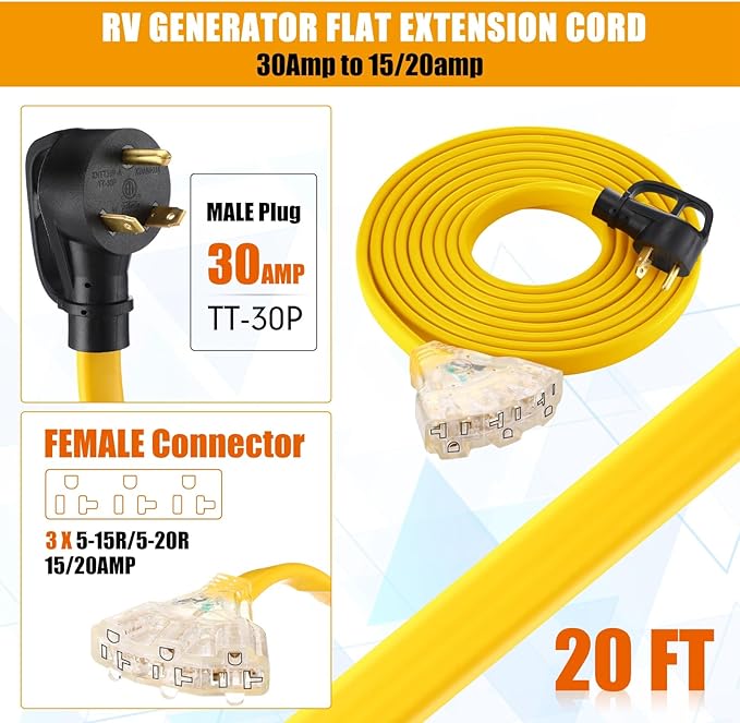 Tellegloww 20 FT Flat RV Generator Adapter Cord NEMA TT-30p to 3X 5-20R/5-15R, 30A to 110V 15/20 A Household Outlet Adapter, 10 Gauge Flat Rv Generator Extension Cord, Etl Listed, Yellow