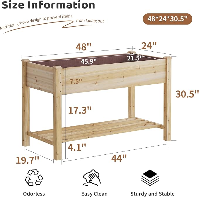Raised Garden Bed with Legs Elevated Wooden Planter Box Stand Large Planter Stand Box for Fruits Vegetables Flowers with Divider with Bag - 48 * 24 * 30.5IN