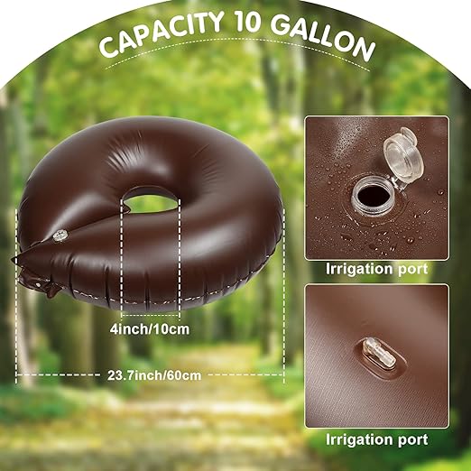 TaoBary 12 Pcs 10 Gallon Tree Watering Ring Bag Slow Release Watering Bag Deep Root Automatic Drip System PVC Drip Irrigation Pouch Donuts for Newly Planted Multi Trunk Trees Shrubs (Brown)