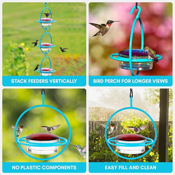 Hummingbird Feeder for Outdoors Hanging, 3.4 OZ Hummingbird Feeders, Glass Bowl with 4 Feeding Ports, Leak Proof Lid & Circular Perch, Bird Feeder (1, Aqua Blue)