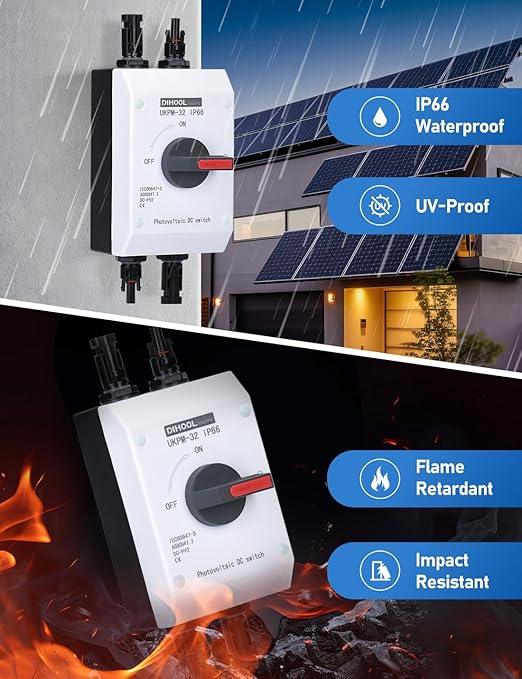 DIHOOL Solar Disconnect Switch 32 Amp DC1200V Isolator with IP66 Waterproof Enclosure for Solar Panels,Batteries,RVs and Boats