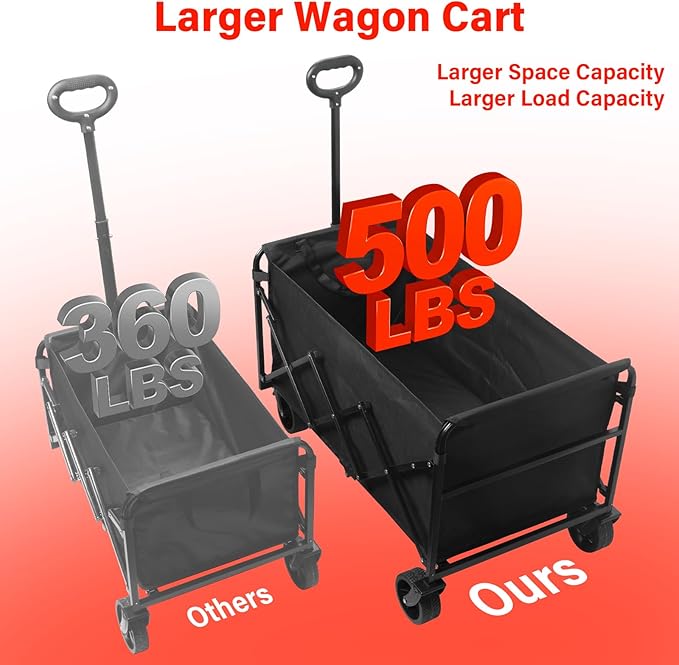 Collapsible Wagons Carts Foldable, 500LBS Heavy Duty Wagon Cart Foldable with Brakes & All-Terrain Wheels– 34'' Extra Long Folding Wagon Portable Lightweight for Camping, Beach，Sports, Shopping