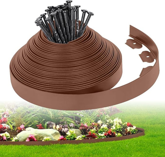 2-Inch x 50 FT Landscape Edging Border with 75 Spikes, Garden Edging Lawn Border Kit, Plastic Edging Border Flexible for Garden Flower Beds Lawn Yard Pathway (Brown)