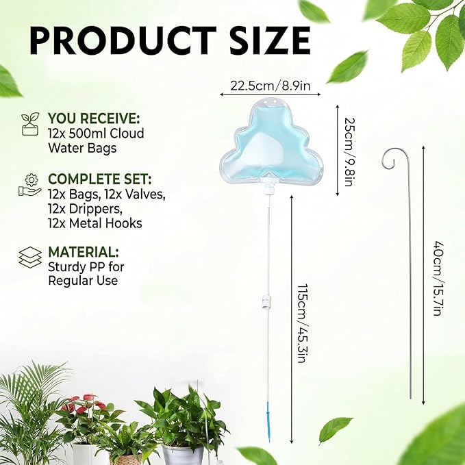 Zhengmy 12 Pcs 500ml Cloud Plant Self Watering Drip Water Bag with Flow Regulator, Automatic Plant Self Watering System with Drip Water IV Bag and Support Rod Stake for Potted Indoor Outdoor Waterer