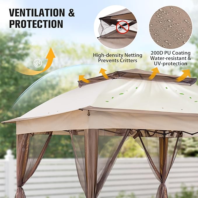 COOS BAY Pop up Gazebo 11x11, Instant Canopy Tent with Mesh Netting, Patio Gazebo with 121 Square Feet of Shade, 4 Weight Bags Included, Beige
