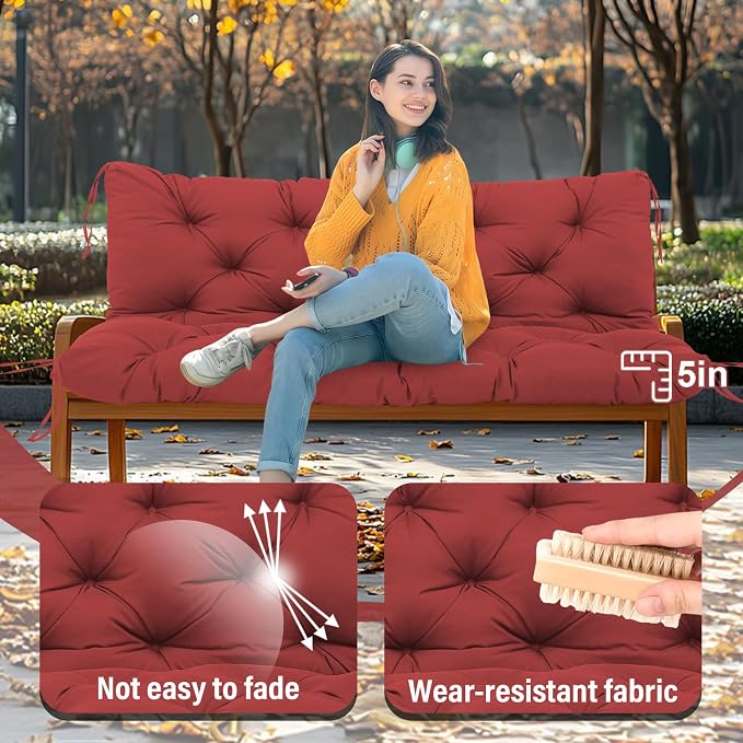 Premium 5" Thick Waterproof Outdoor Swing Cushions Sturdy Durable 2-3 Seat Replacement Porch Swing Cushions with Backrest&Ties Bench Cushion for Outdoor Furniture Backyard Patio (48x40inch)