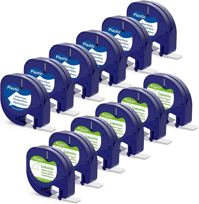 6 Paper + 6 Plastic Compatible DYMO Letratag Refills 12mm x 4m 1/2" x 13, Replace for DYMO 91331 91330 Label Tape for Dymo Letra Tag Label Maker LT100H LT100T Plus 200B QX50, Black on White
