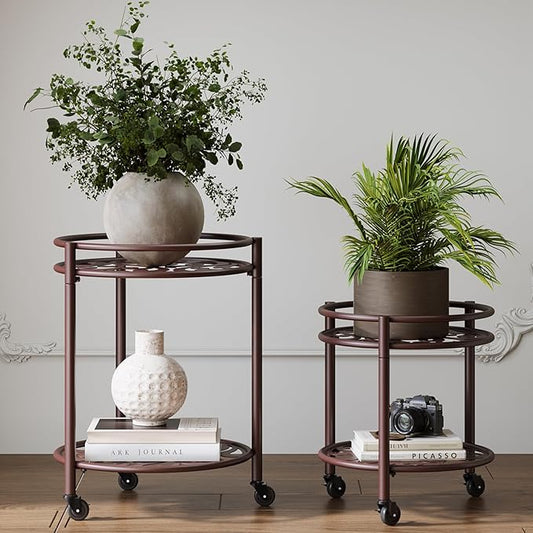 2 Tier Heavy Duty Rolling Plant Stand – 150 lbs Capacity Flower Pot Holder with Wheels for Indoor & Outdoor, Easy Move Cart for Balcony, Patio, Garden, 2 Pack Coffee