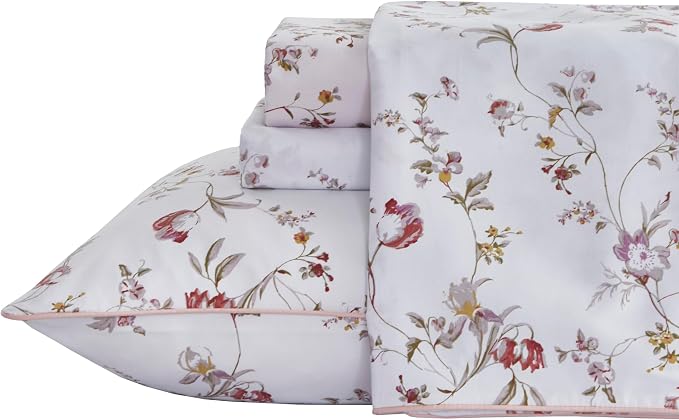 FADFAY Sheets Set Twin Rustic Pink Floral Botanical Bedding Set Luxury 100% Egyptian Cotton Bed Sheet Set Soft Breathable for All Season Bedoom Decor with 17.7 Deep Pocket Fitted Sheet, Twin Size