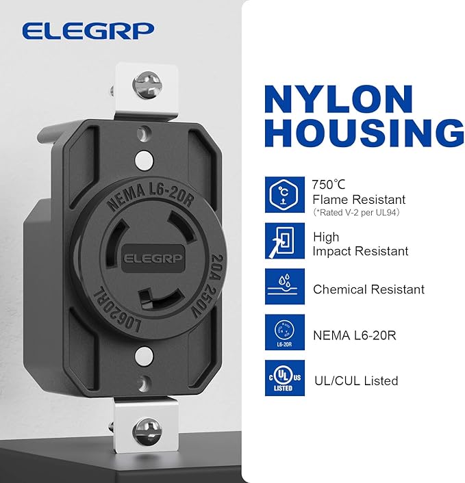 ELEGRP NEMA L6-20R Flush Mounting Locking Receptacle, Twist Lock Socket/Outlet for Generator, 20 Amp 250V 2 Pole 3 Wire Grounding, Industrial Grade Heavy Duty, UL Listed, 1 Pack, Black