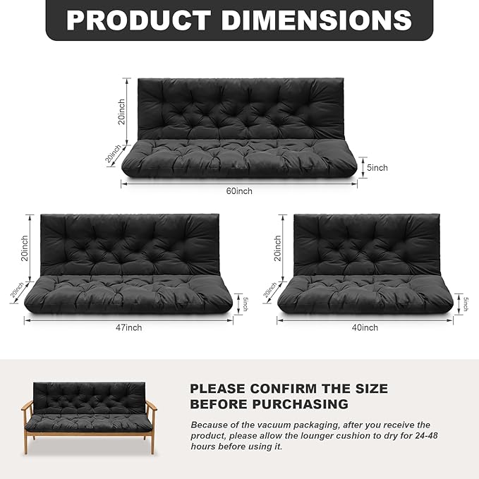 Porch Swing Cushions,Outdoor Cushions 3 Seater Replacement with Backrest, Waterproof Thickened Bench Cushion with Ties for Porch, Patio,Outdoor, Backyard and Garden (Black 47 * 40 in)