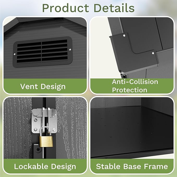 Greesum 4x6FT Plastic Shed with Floor, Outdoor Storage Shed with Vent and Locable Door, Waterproof Plastic Tool Storage Without Window, for Garden, Garage, Lawn, Deep Gray