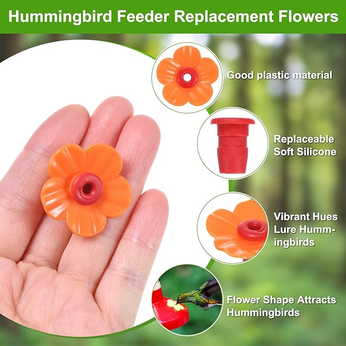 M METERXITY 16-Pack Hummingbird Feeder Replacement Flowers, Plastic Pet Hummingbird Feeding Parts Feeding Ports for Outdoor Hanging Feeders, Bees Guards [Orange]