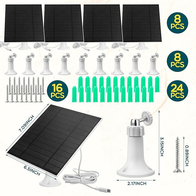 8 Pack 5W Solar Panels for Security Cameras Outdoor Waterproof Solar Panel for Camera with Type-C and 360° Adjustable Safety Bracket Panel Charge Micro for Camera