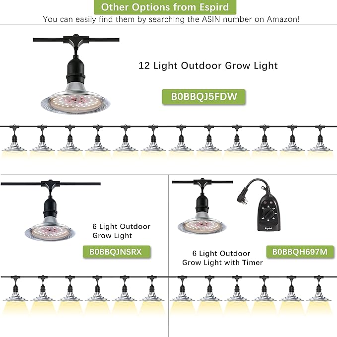 Espird Outdoor LED Grow Light with Timer, 12-Light Full Spectrum Grow Light Strip, Waterproof Plant Lamps, UL Certified String Grow Lights for Greenhouse Garden, 41FT Light for Veg Seedling Flower