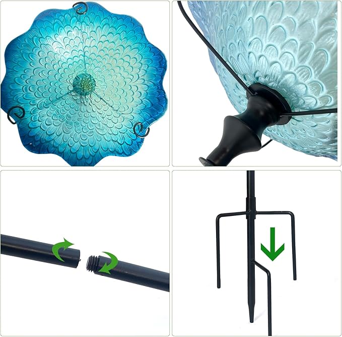 HONGLAND Bird Baths for Outside,11" Small Blue Glass Birdbaths Outdoor,Detachable Bird Feeder with Metal Stake for Garden Yard Patio Decor,30" Height