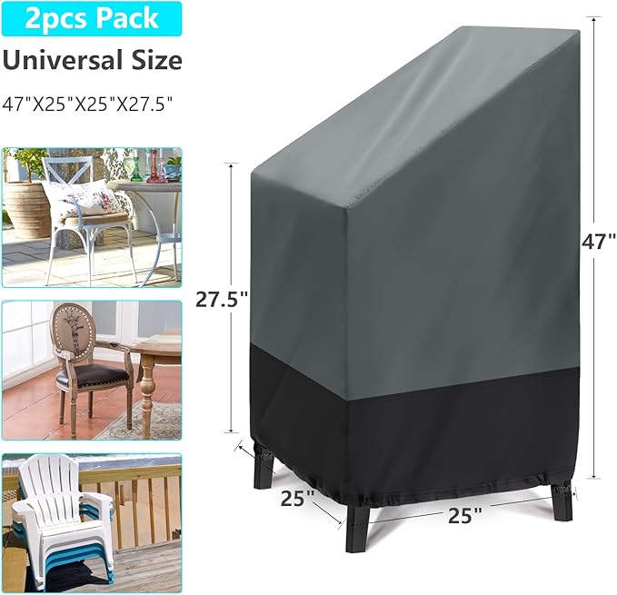 Outdoor Chair Covers, 2 Pack Outdoor Stack Chairs Waterproof, Patio chair Covers Outdoor Furniture Covers (25"W x 25"D x 47"H)