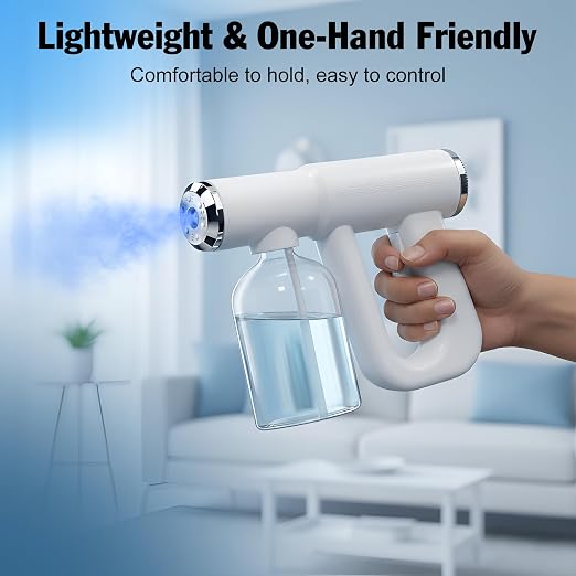 Cordless Disinfectant Fogger Machine with 300ML Tank - 1.5–2M Coverage Portable Barber Spray Gun with 5500 RPM Motor Blue-Light, 1500mAh Battery 55 Minutes Runtime - Handheld Fogger for Home Business