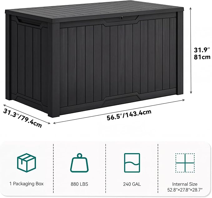 YITAHOME 240 Gallon Extra Large Outdoor Storage Deck Box, XXL Waterproof Resin Patio Storage w/Lockable Lid for Outdoor Cushions, Garden Tools and Sports/Pools Equipment, Black