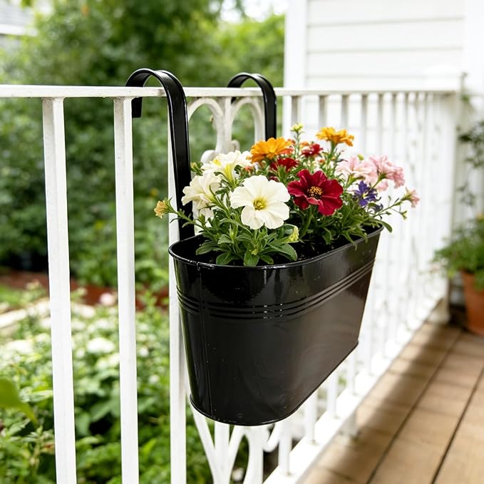 Set of 6 Balcony Hanging Planters, 2 Pcs 17" Metal Railing Flower Pots & 2 Pcs 12" Deck Planter & 2 Pcs 4" Fence Pot for Outdoor Patio Garden Décor, Black