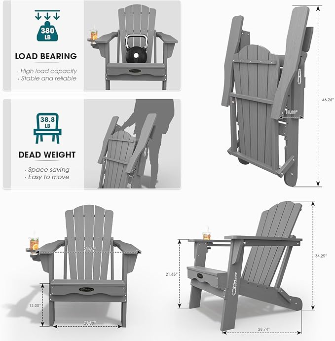 THOEOE Folding Adirondack Chair Set of 2,HDPE All-Weather Outdoor Chair with Cup Holder,Wooden Textured,Fire Pit Chair,Plastic Patio Chair for Deck,Backyard,Garden,Lawn, Grey
