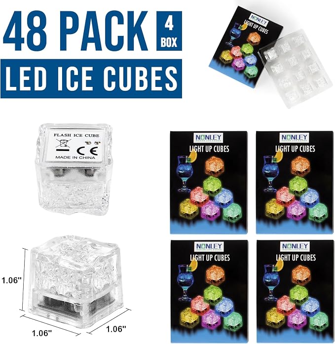 48 Pack Light Up Ice Cubes for Drinks, Multi Color Led Ice Cubes with Changing Lights, IP67 Waterproof Reusable Glowing Flashing Ice Cube for Club Bar Party Wedding Decor