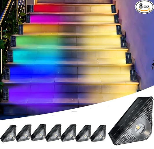 GEEKHOM Solar Stair Waterproof Motion Lights: 2 Lighting Modes Warm White & RGB for Garden Porch Pathway Pool Backyard 8-Piecs