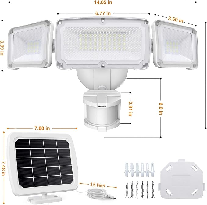LEPOWER 1600LM LED Solar Security Lights Motion Outdoor, Motion Sensor Light, 5500K White Light, IP65 Waterproof Outdoor Flood Solar Light with 3 Adjustable Head for Yard, Garage（White）