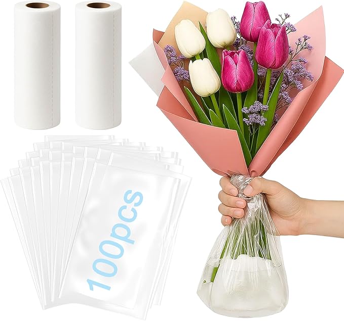 100pcs Clear Flower Water Bags for Bouquets,with 20pcs Flower Hydration Cotton Sturdy Bouquet Water Retaining Bag 11.8x11.8 Inch,for Flower Arrangement Fresh Cut Flower Bouquets Wrapping Paper Rose