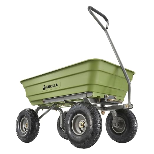 Gorilla Carts Poly Garden Dump Cart, 4 Cu Ft Tub, 600 lb Haul Capacity, Green – Heavy-Duty Utility Wagon with Quick-Release Dumping & Pneumatic Tires for Yard, Landscaping and Gardening